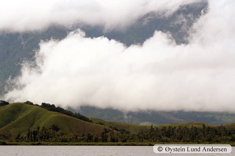 Low clouds over Lake Sentani, with Cyclops Mountain behind.
