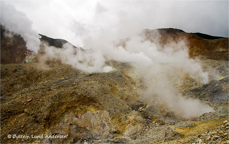 Heavy steaming from fumarolic activity at the kawah mas crater, and the kawah baru crater behind.